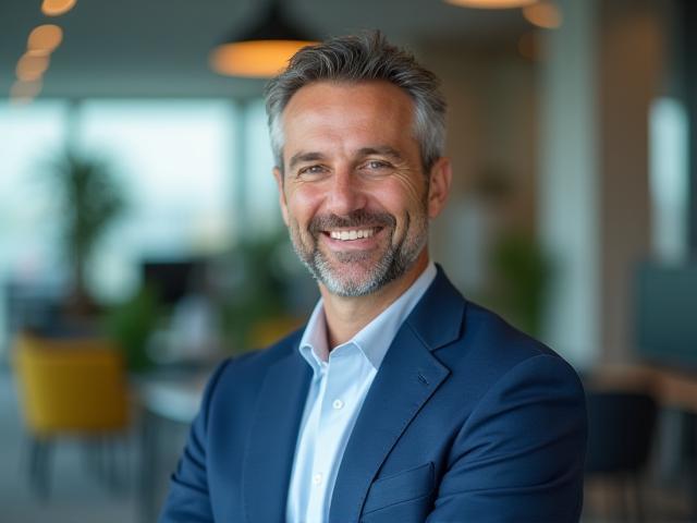 Professional client photo with a vibrant office background